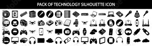 Vector art of a comprehensive collection of black silhouette icons representing various technology and digital elements, including gadgets, devices, and connectivity, isolated on a