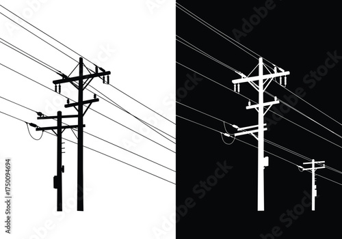 Utility pole silhouettes, black and white contrast, electricity distribution network, power line infrastructure, urban energy grid, symmetrical design, electrical system, artistic composition