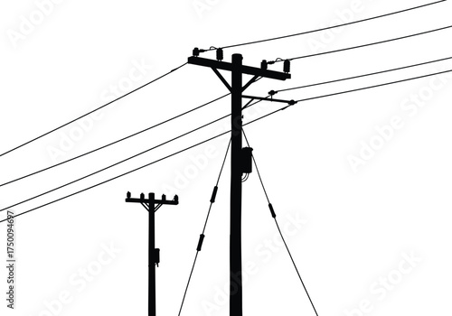 Utility pole silhouettes, electricity distribution network, power line infrastructure, transformers and insulators, urban energy grid, comparative design, electrical system, perspective depth