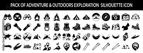 Vector art of pack of adventure and outdoors exploration silhouette icons, , including camping gear, hiking equipment, navigation tools, and scenic elements