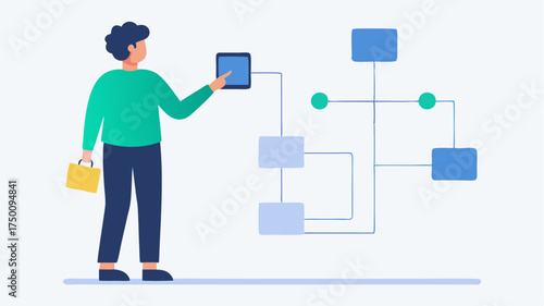 A person standing in front of a digital screen pointing at a flowchart while others take notes and nod illustrating interactive idea generation.
