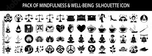 Vector art of pack of mindfulness and wellbeing silhouette icons, a collection of symbols representing mental health, relaxation, and healthy lifestyle choices for wellness themes