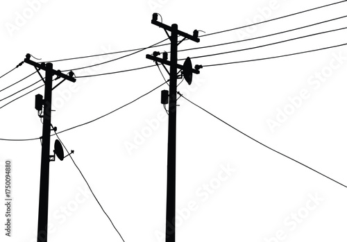 Utility pole silhouettes, electricity distribution network, power line infrastructure, transformers and insulators, urban energy grid, organized electrical system, parallel wires, technical design