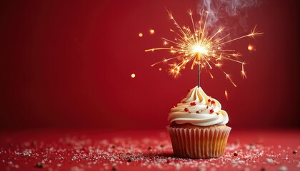 Festive cupcake with a sparkler on red background. Sweet dessert for birthday celebration or holiday. Tasty baked treat with cream frosting decorated with berries.