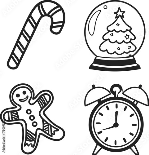 Set of christmas icons outline style candy cane snow globe stocking alarm clock elements isolated on transparent background