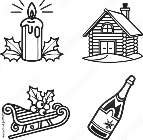 Set of four rustic line art icons representing celebration and outdoor living scenes isolated on transparent background