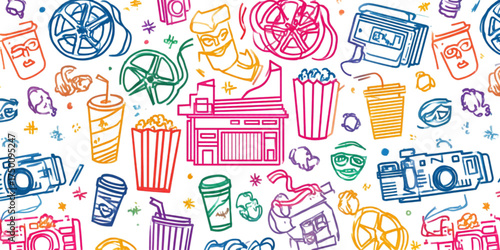 Colorful hand drawn doodle pattern of cinema and movie elements.