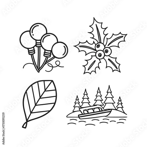 Hand drawn botanical elements collection featuring flowers leaves and berries botanical line art isolated on transparent background