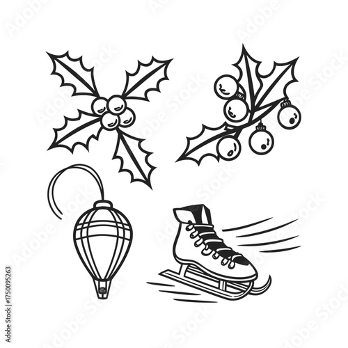 Winter holiday elements including holly lantern and sled stylized line art christmas graphics isolated on transparent background