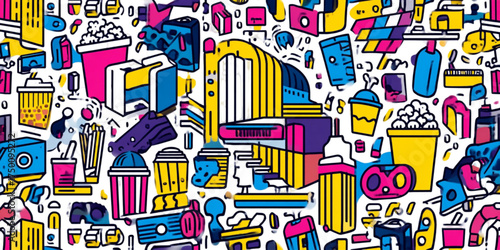Vibrant Pop Art Doodle of Cinema and Movie Theater Icons.