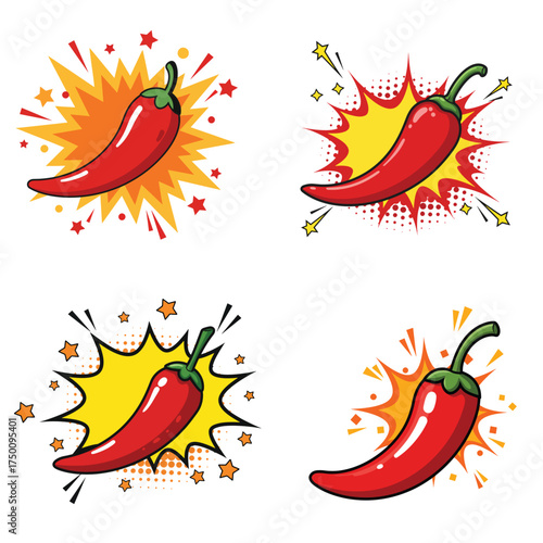 fun burst pop art exploding red chili vector collection hand-drawn flat solid comic style spicy pepper clip art on white background