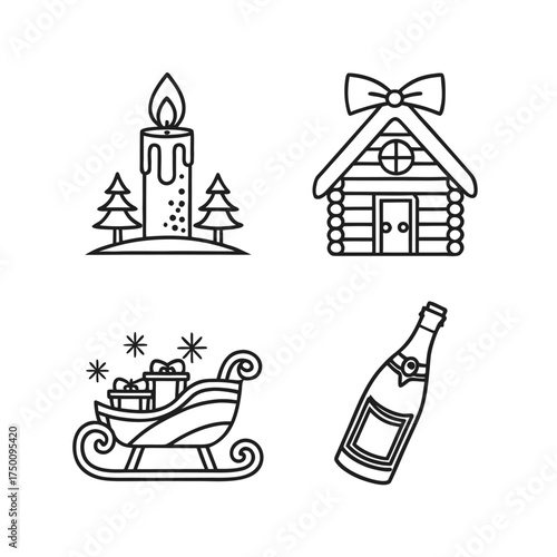 Set of four hand-drawn thematic icons including a candle cabin campfire and bottle isolated on transparent background