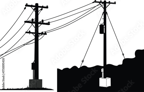 Utility poles with transformer and guy wires, electrical distribution network, concrete foundation support, urban energy infrastructure, power line system, electricity  