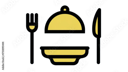 Elegant dinner service icon with fork knife and cloche.