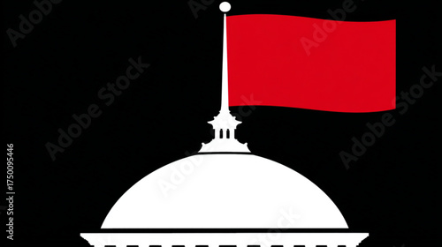 Red and black political flag flying over a white dome building.