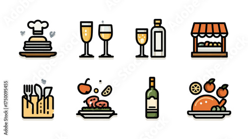 Colorful food and beverage icon set for culinary design.
