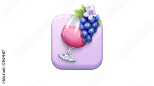 Stylized 3D icon of a wine glass with a bunch of grapes.