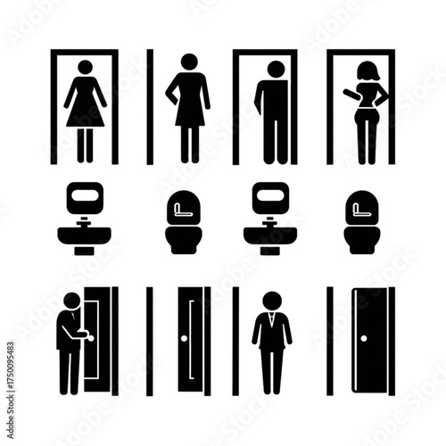 Set of black and white vector icons for public restrooms.