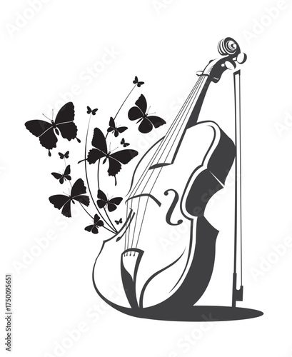 monochrome illustration of violin with butterflies isolated on white background
