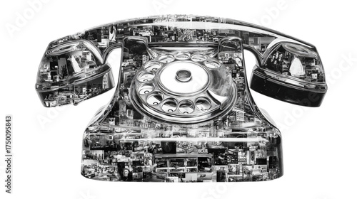 Monochrome vintage rotary telephone reimagined with intricate electronic circuitry.