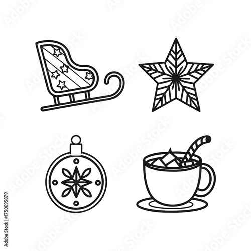Festive christmas holiday icons including sleigh star ornament and hot cocoa for seasonal design isolated on transparent background
