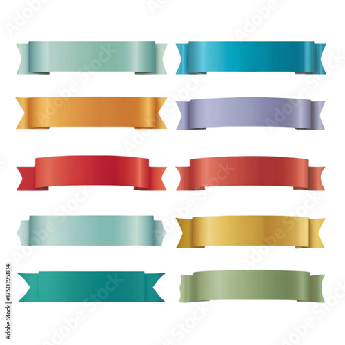A vibrant collection of ten colorful ribbon banners for design elements.