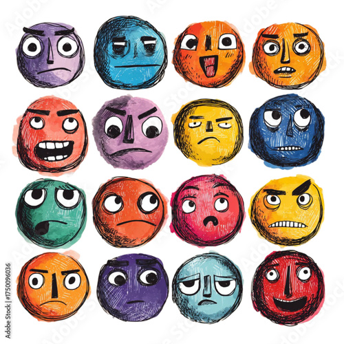 A diverse collection of colorful hand drawn emotional cartoon faces.