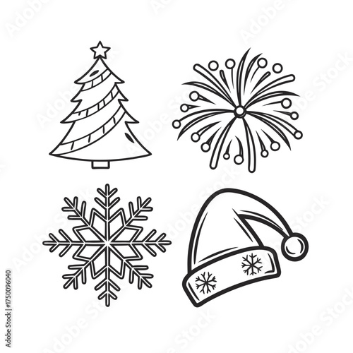 Festive holiday icons set christmas tree snowflake fireworks santa hat silhouette graphic elements isolated on transparent background