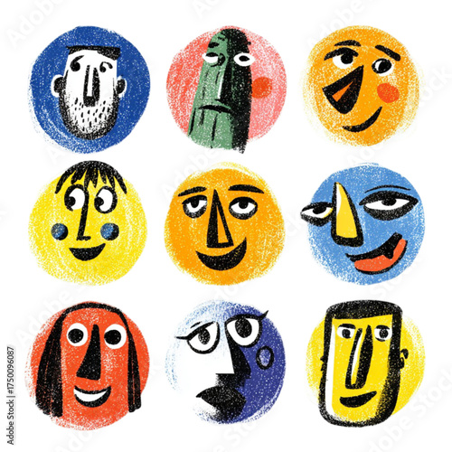 A vibrant collection of nine hand-drawn abstract and expressive faces.