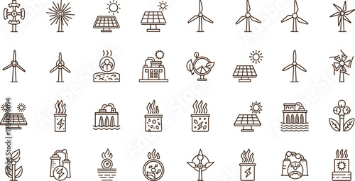 Renewable energy icon collection with solar panels, wind turbines, geothermal power, eco electricity, sustainable resources, clean technology, and environmental conservation