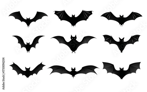 Set of nine black bat silhouettes in various flight positions.