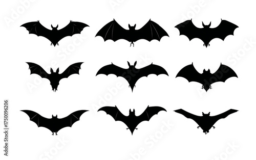 A collection of nine black bat silhouettes in various flying poses.