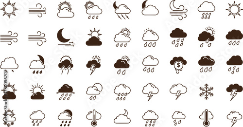 Weather icons collection, sun, rain, cloud, storm, snow, wind, temperature, day and night forecast, meteorology, climate change illustration