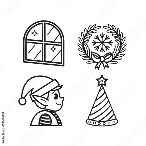 Festive christmas icons winter window snowflakes santa hat and tree outline symbols isolated on transparent background