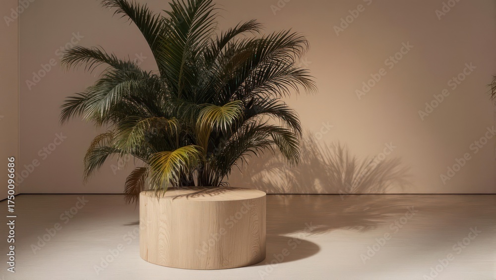Fototapeta premium Lush green plant in a circular wooden planter casting a shadow on a neutral wall
