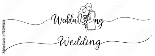 Elegant Wedding Script with Bride and Groom Continuous Line – minimalist calligraphy banner vector illustration