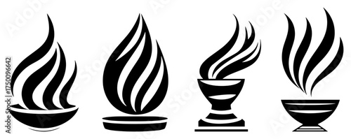 Stylized Sacred Flame Brazier Set – ritual fire bowl silhouettes vector illustration