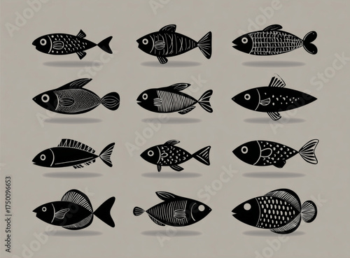 A collection of twelve stylized black and grey fish illustrations.