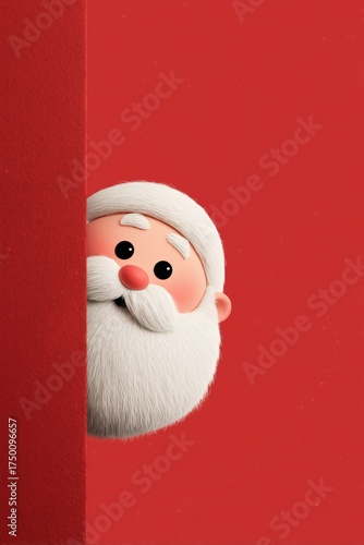 Santa Claus Peeking Over a Red Wall in a Festive Holiday Scene