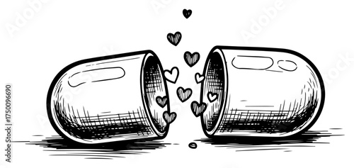 Open Capsule with Hearts – love medicine concept hand‑drawn vector illustration