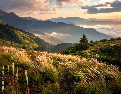 Mountain Meadow Sunrise Landscape.