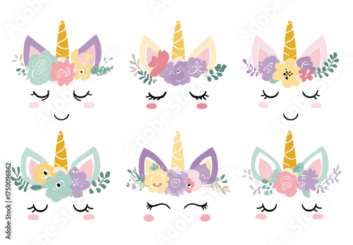 Collection of six cute cartoon unicorn faces with floral crowns.