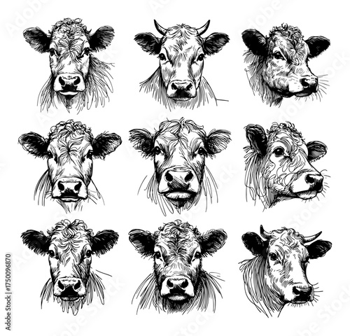 Cow Head Sketch Collection – detailed hand‑drawn cattle portraits vector illustration