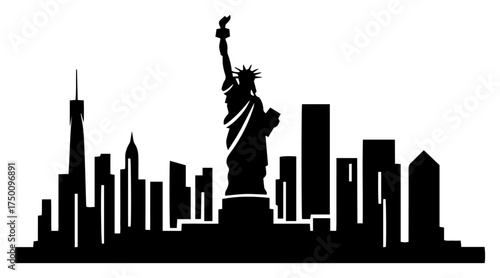 New York Skyline with Statue of Liberty Silhouette – iconic USA cityscape landmarki vector illustration