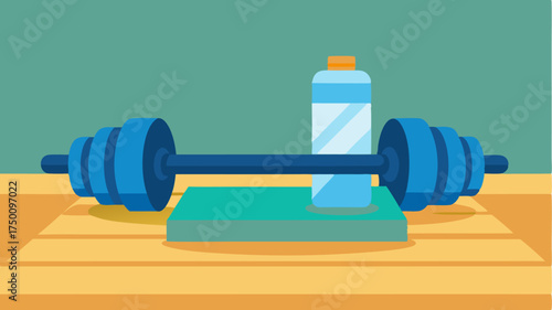 A pair of dumbbells positioned on a textured gym floor with a water bottle and towel partially visible beside them.