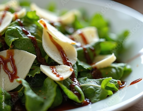 Fresh salad with green leaves, white cheese slices, and dark balsamic glaze on white plate. Delicious, healthy, and colorful meal for lunch or dinner.