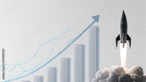 A rocket launches alongside a bar graph with an upward trending line, symbolizing growth