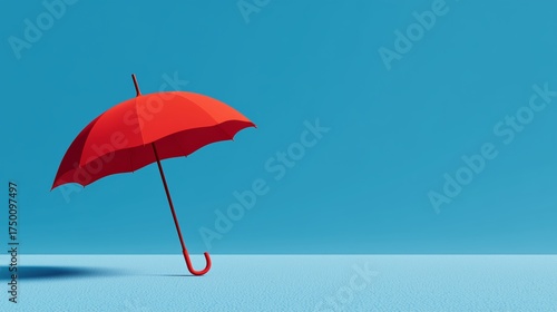 Bright Red Umbrella Stands Alone on a Flat Surface Against a Clear Blue Backg...