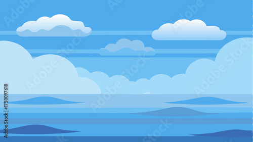 Minimalist clouds floating above a calm sea depicted with gentle waves in soft blue hues and distant horizon lines.