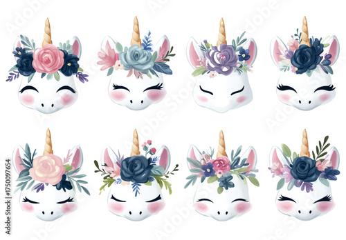 Collection of eight cute watercolor unicorn faces with floral wreaths.